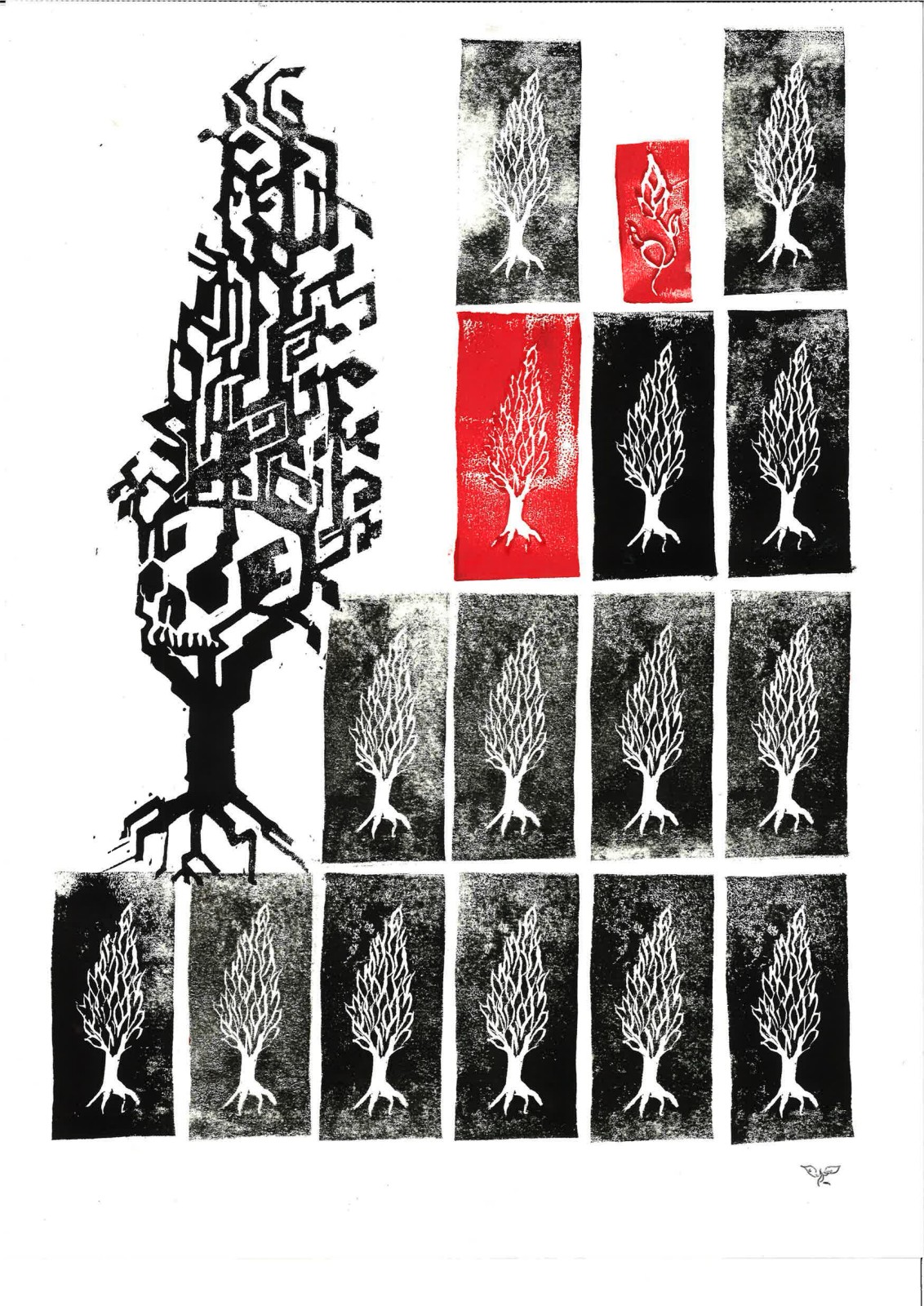A circuit-grown cypress topped with a skull, beside a dense grid of tree-stamp panels and a single red flame stamp.