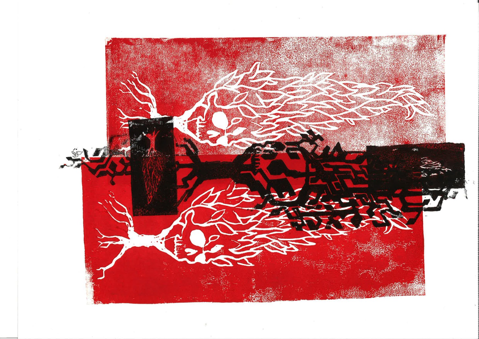 Twin flame-skull cypresses in white flank a black circuit cypress, the whole sheet inked red edge to edge.