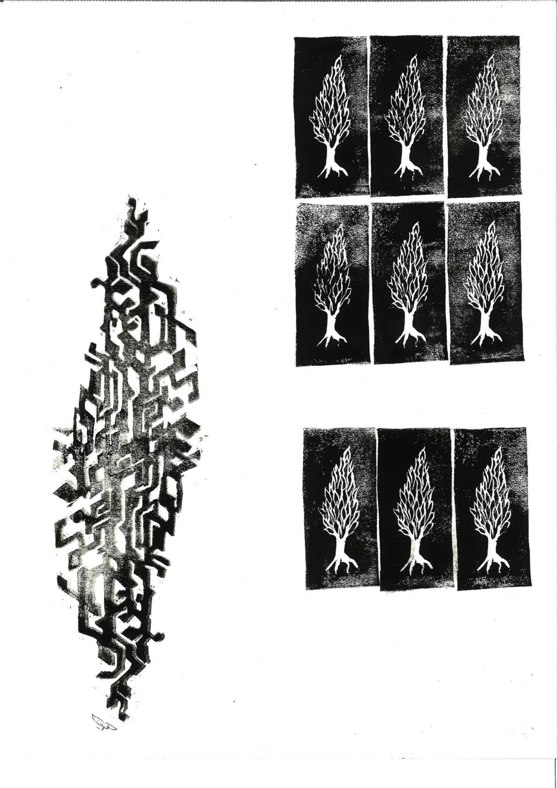 A black circuit cypress beside three rows of tree-stamp panels, root and crown alternating down the page.
