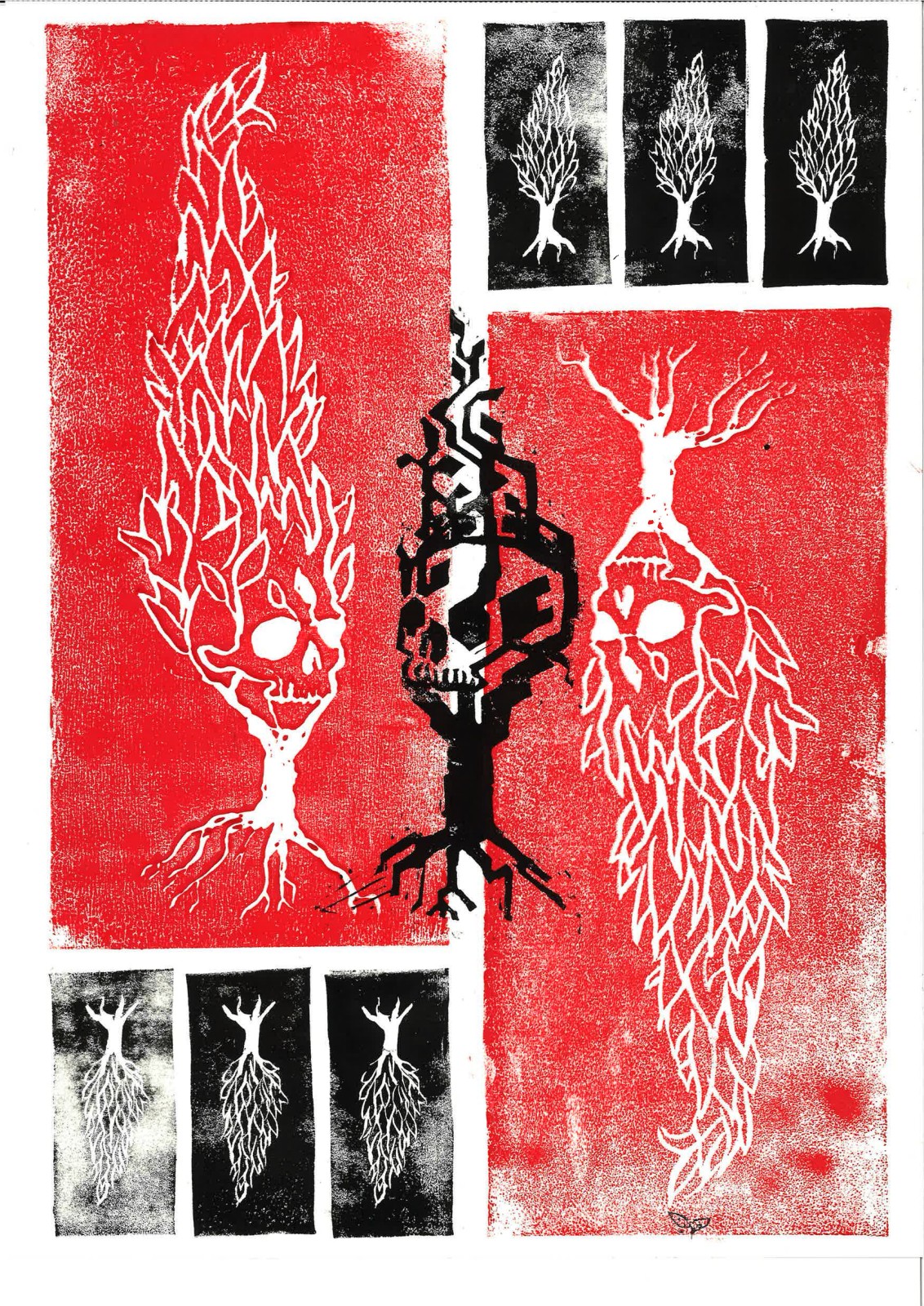 A flame-skull cypress in white and a circuit-skull cypress in black split a red ground, boxed top and bottom by tree-stamp panels.