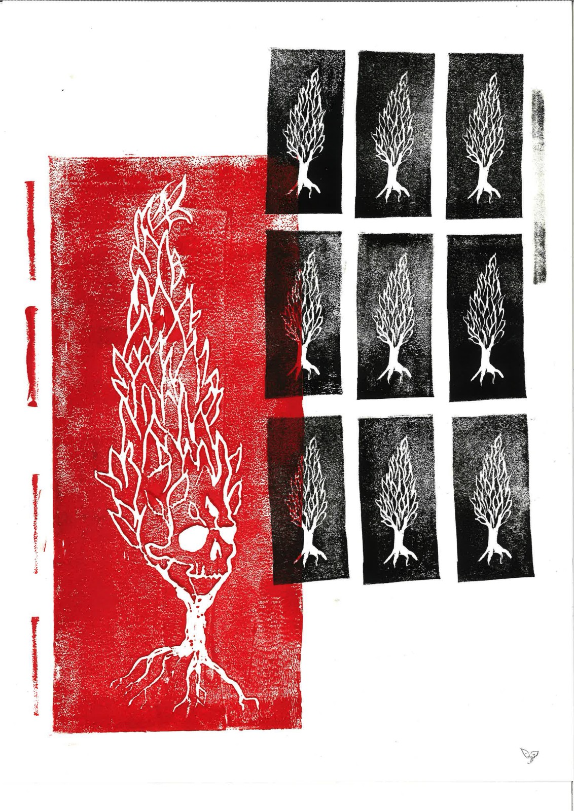 A white flame-skull cypress on red, beside nine black tree-stamp panels printed edge to edge.