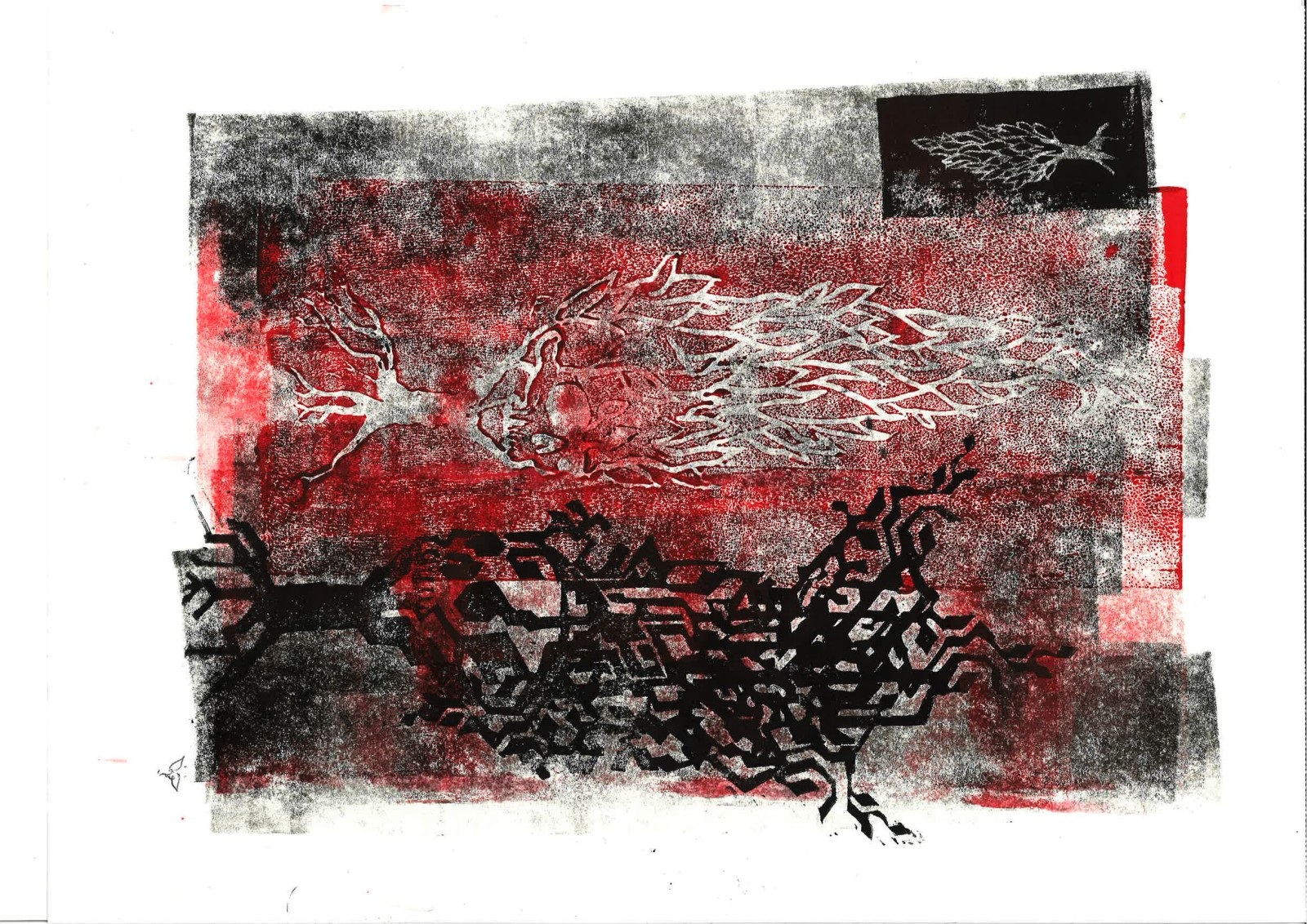 A flame-skull cypress and a circuit-skull cypress printed side by side across a mottled grey-and-red ground.