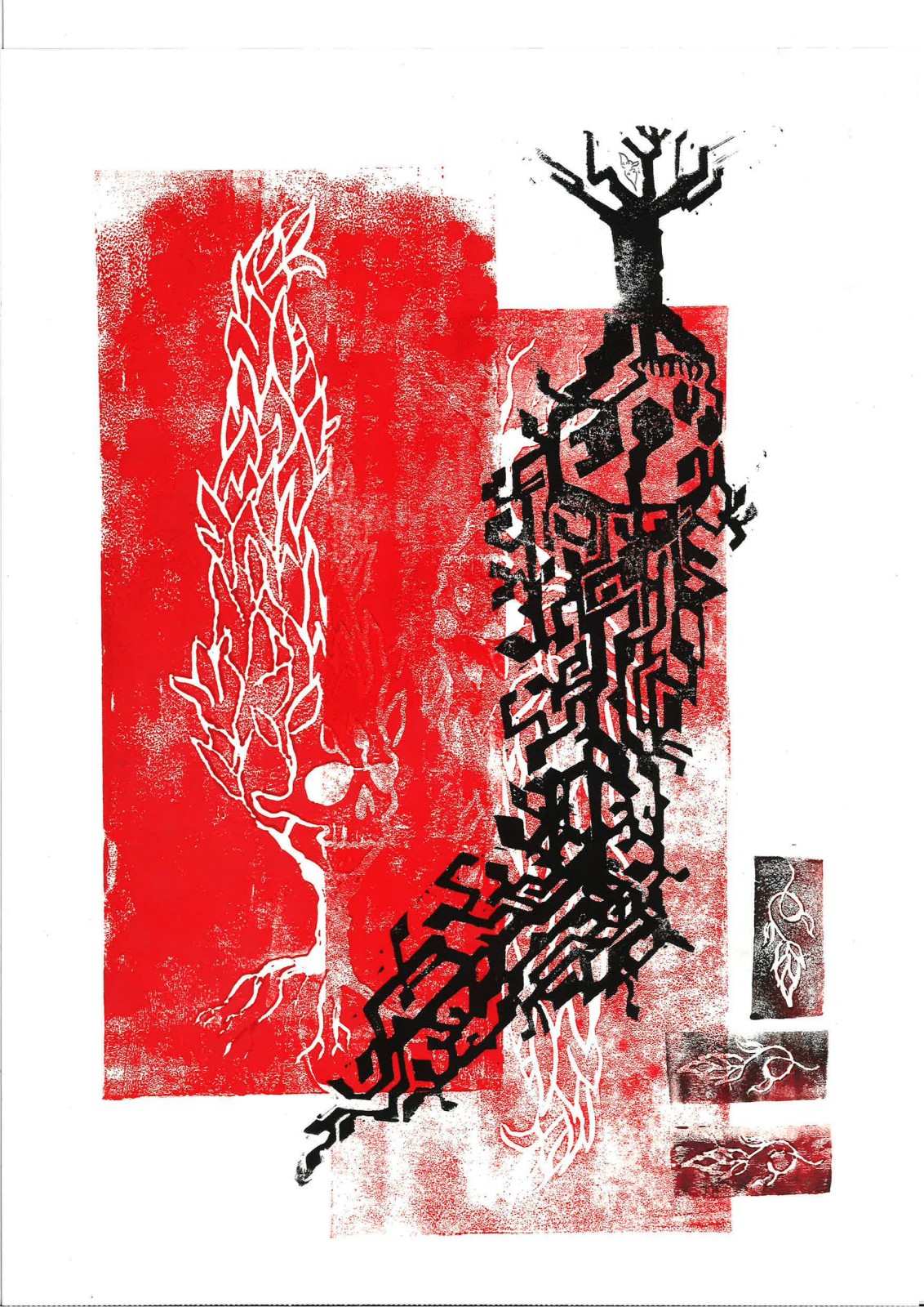 A black circuit cypress overlaid on a mirrored pair of white flame-skull cypresses, small red stamps caught at the seam.