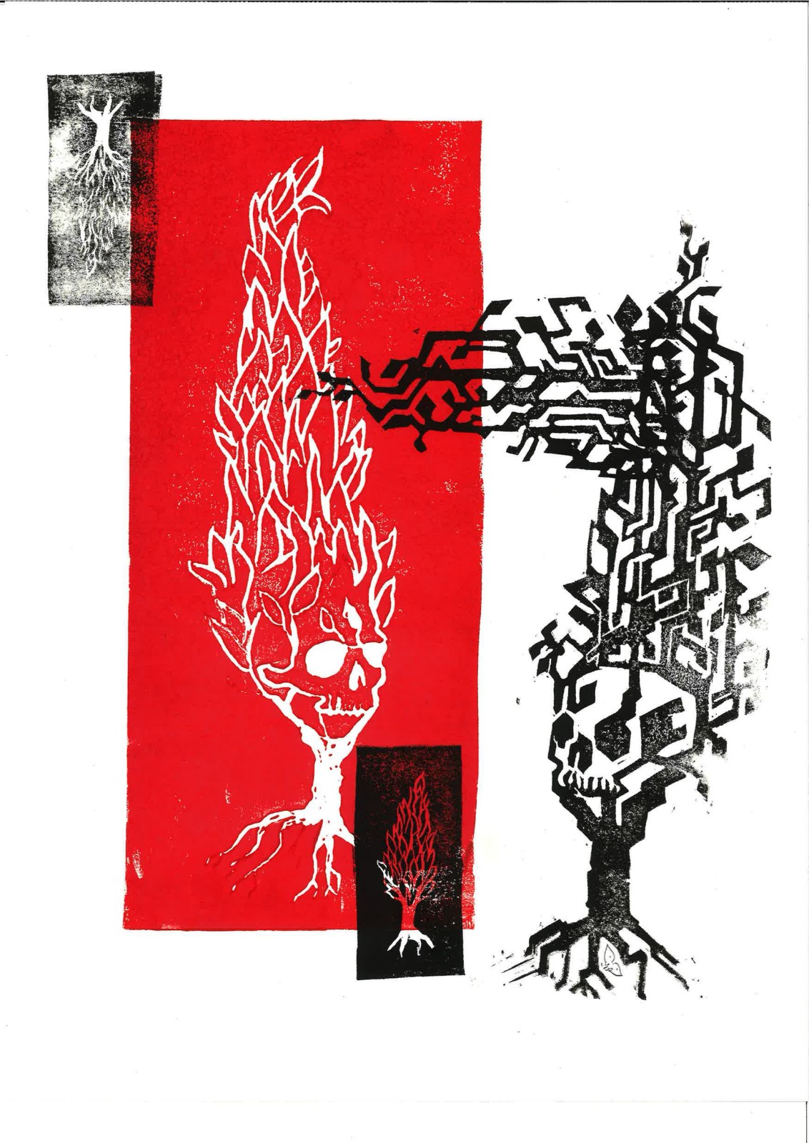 A small black tree stamp sits beside a white flame-skull cypress crossed by a black circuit cypress, both on red.