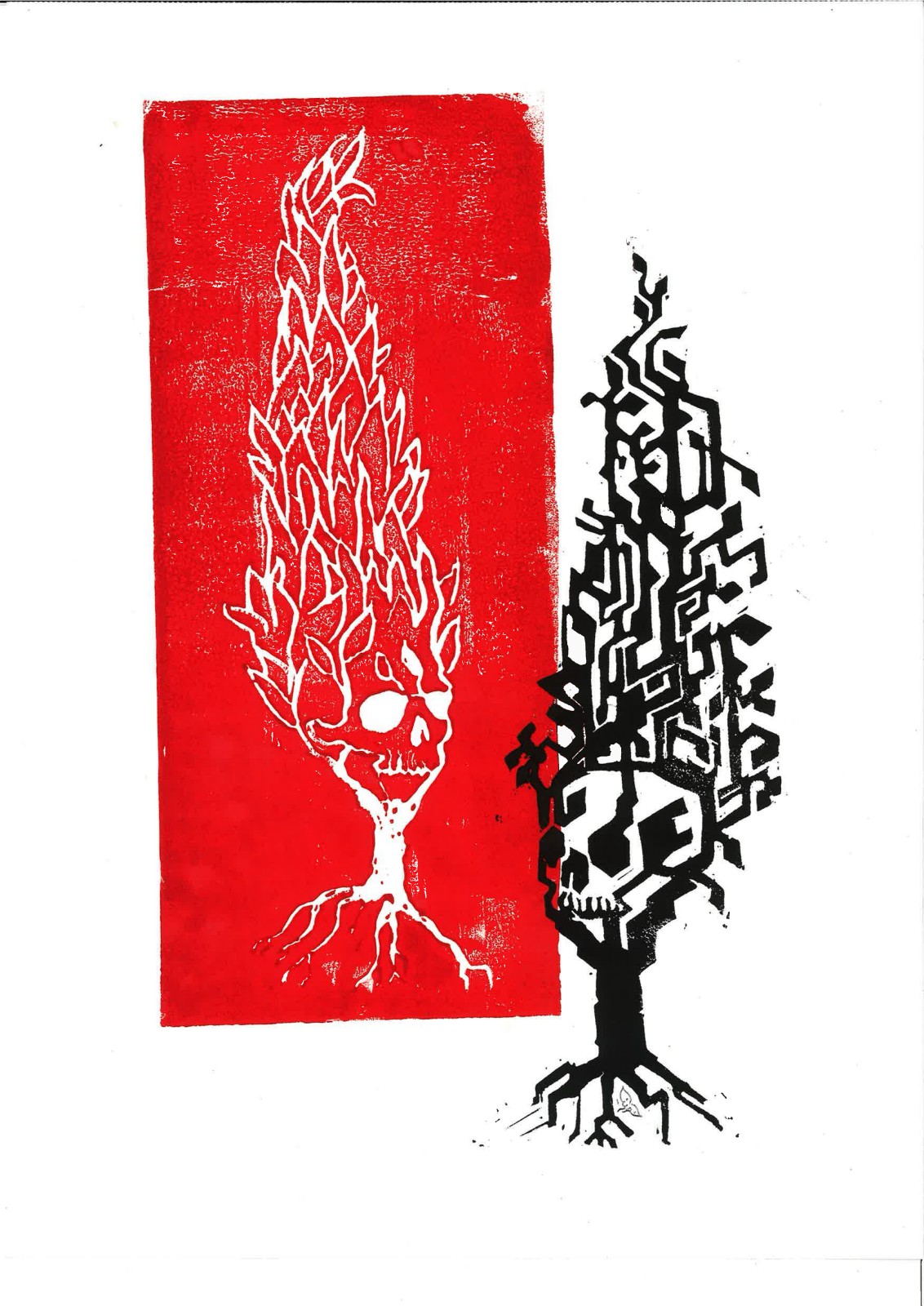 A white flame-skull cypress and a black circuit-skull cypress mirrored on one red sheet, a small black stamp at the corner.
