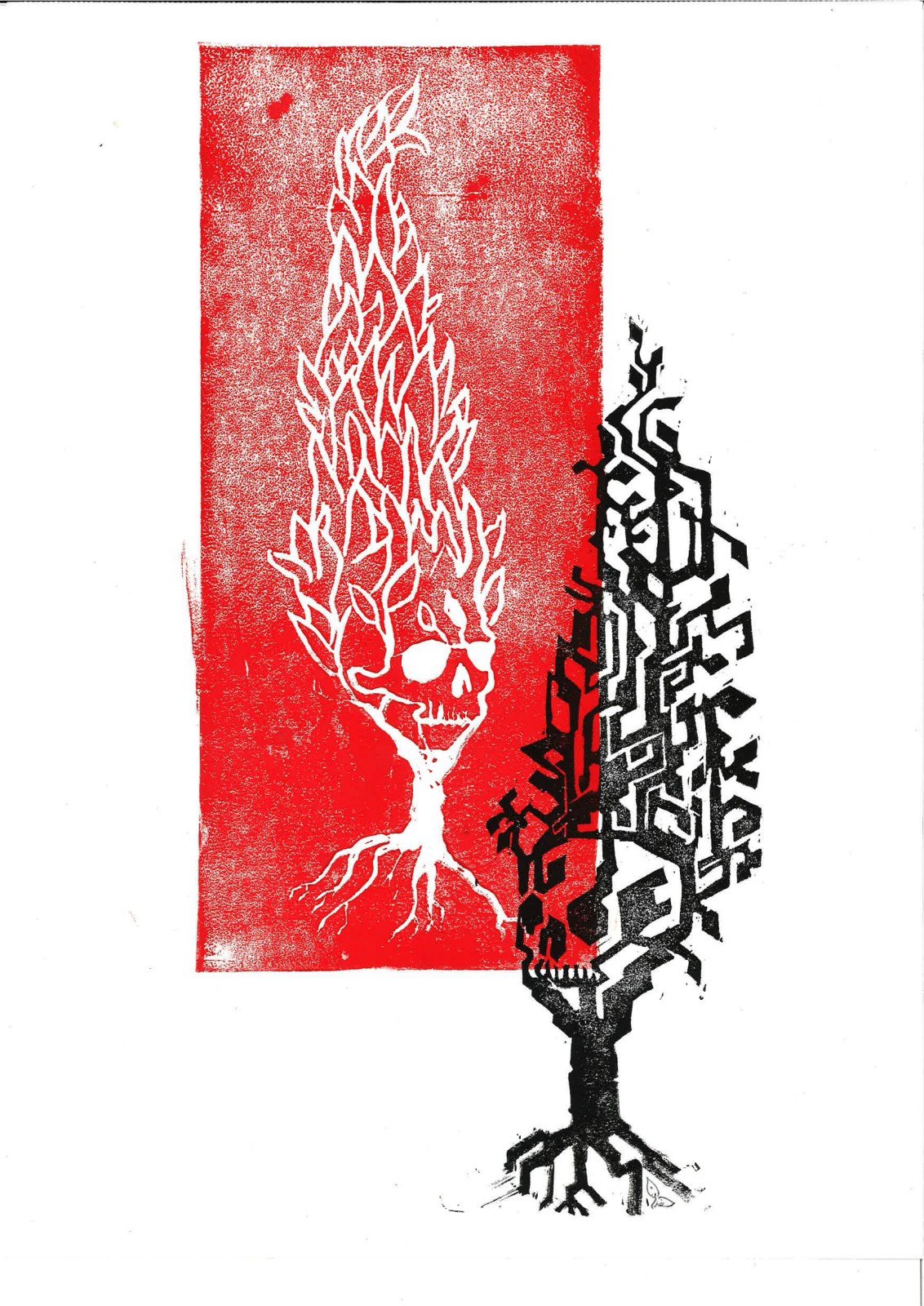 A white flame-skull cypress on red meets a black circuit cypress on white, the sheet cut clean down the middle.