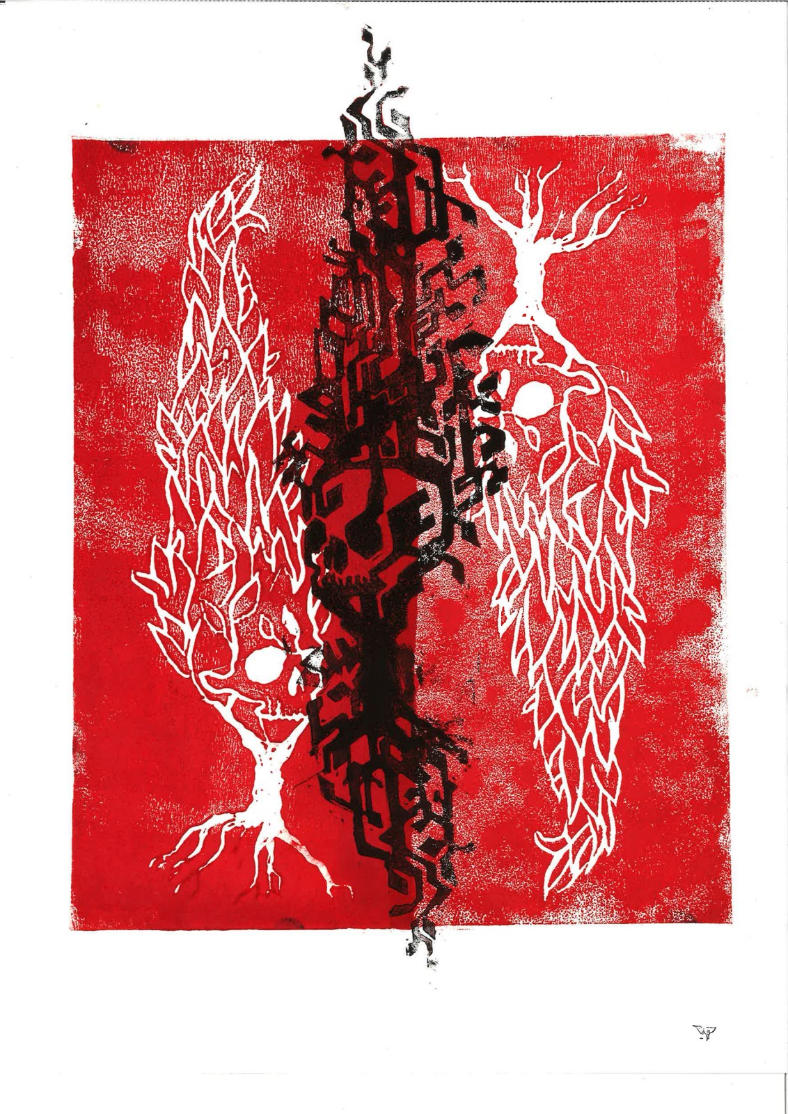 Two flame-skull cypresses in white flank a circuit tree, small tree stamps running off the top and bottom edges.