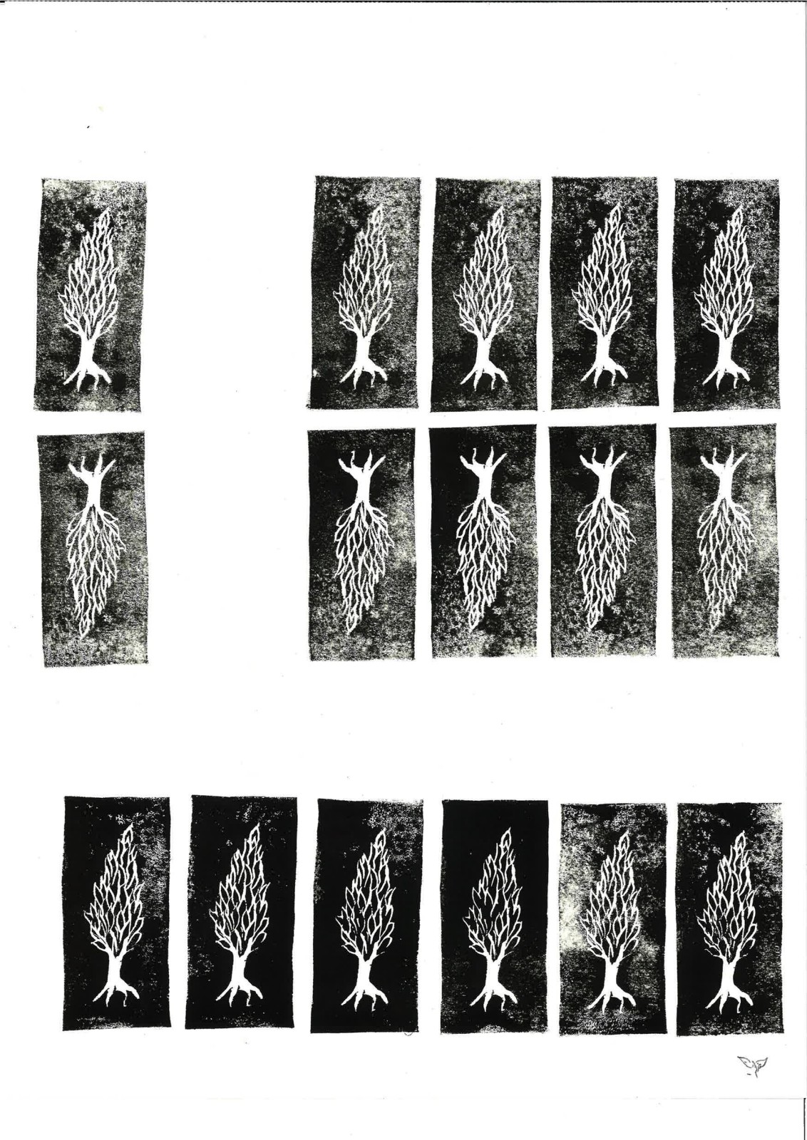 Rows of tree and root stamps, some upright, some rootless and inverted, filling the page edge to edge.