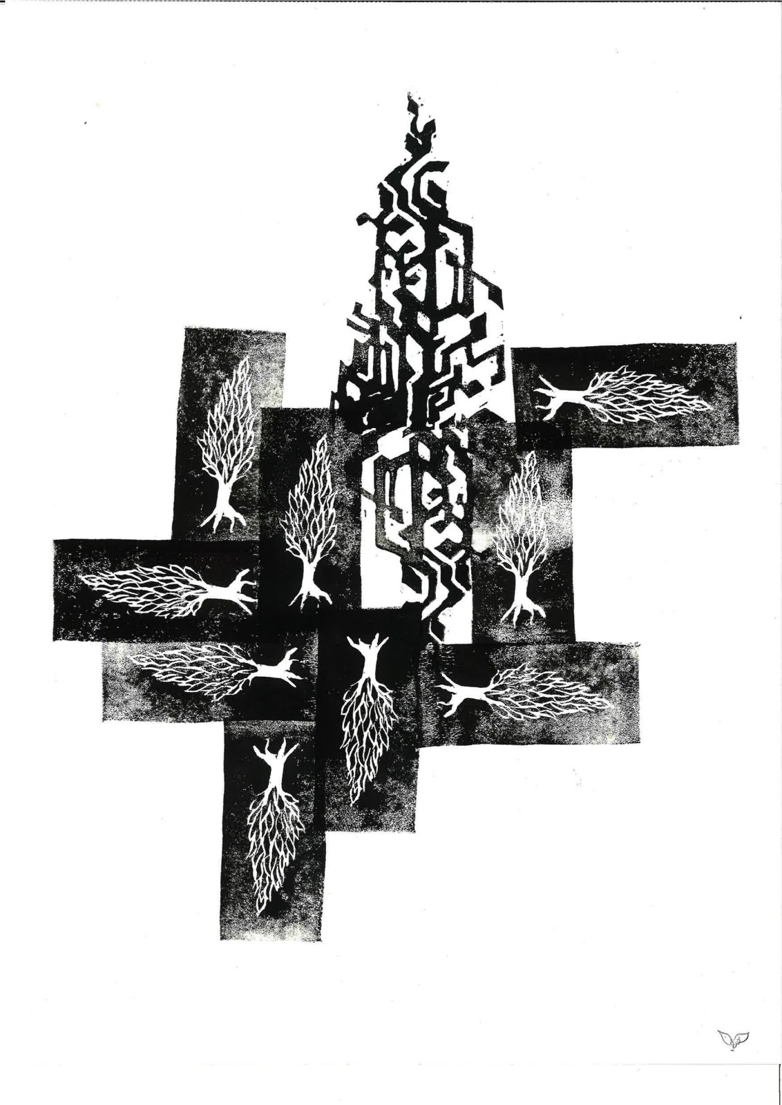 A black circuit cypress rising from a cross of eleven tree-stamp panels.