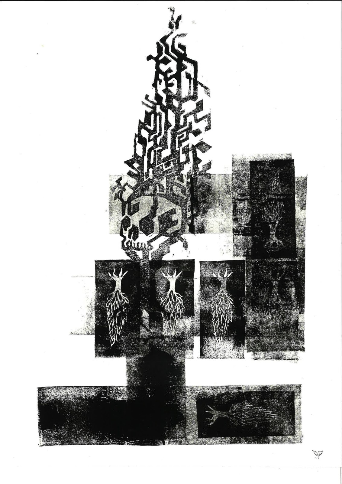 A black circuit cypress over a scatter of smaller tree and root stamps, one panel pulled almost bare.
