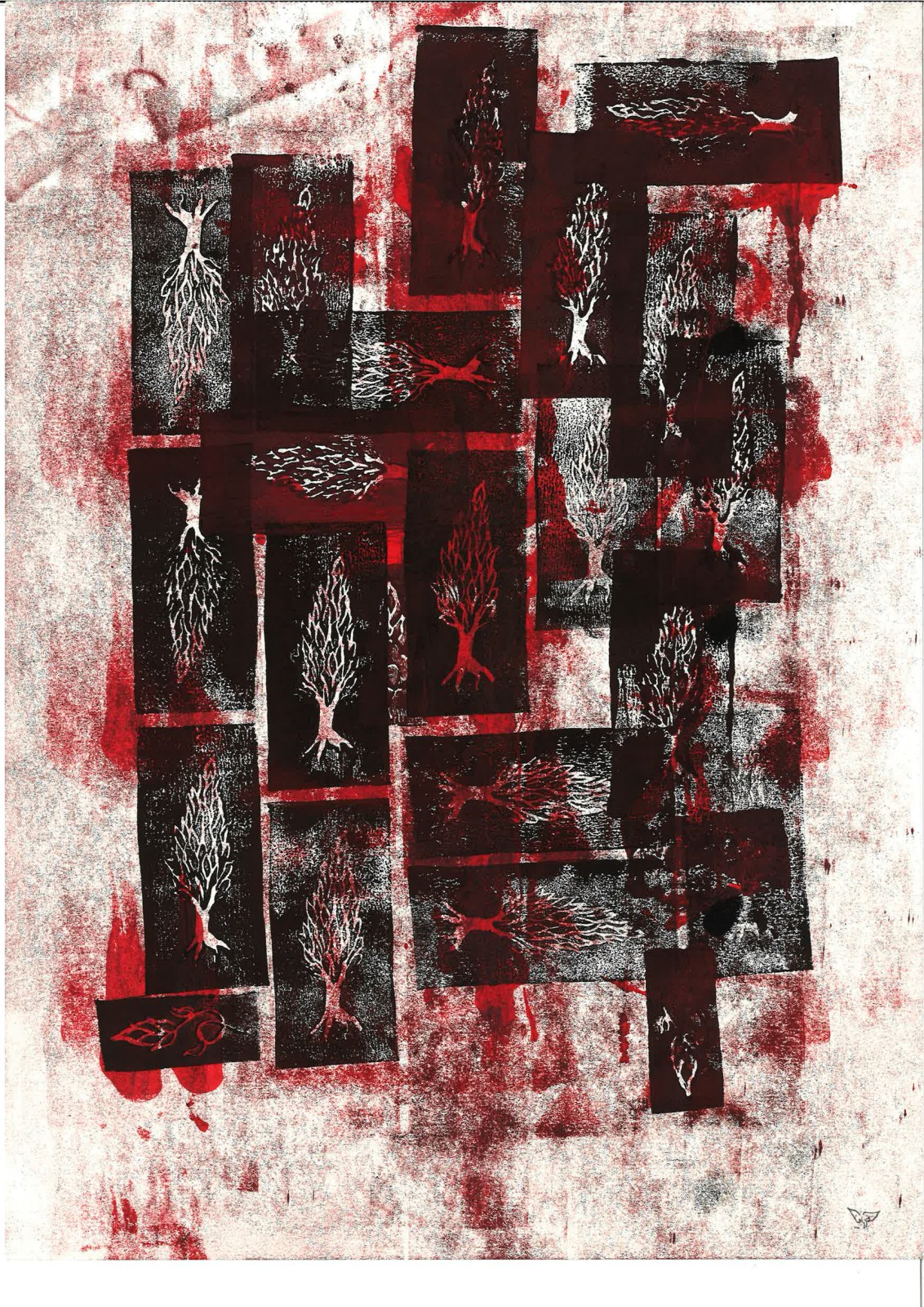 Tree and root stamps massed and overlapped, the ink bleeding red past every panel's edge.