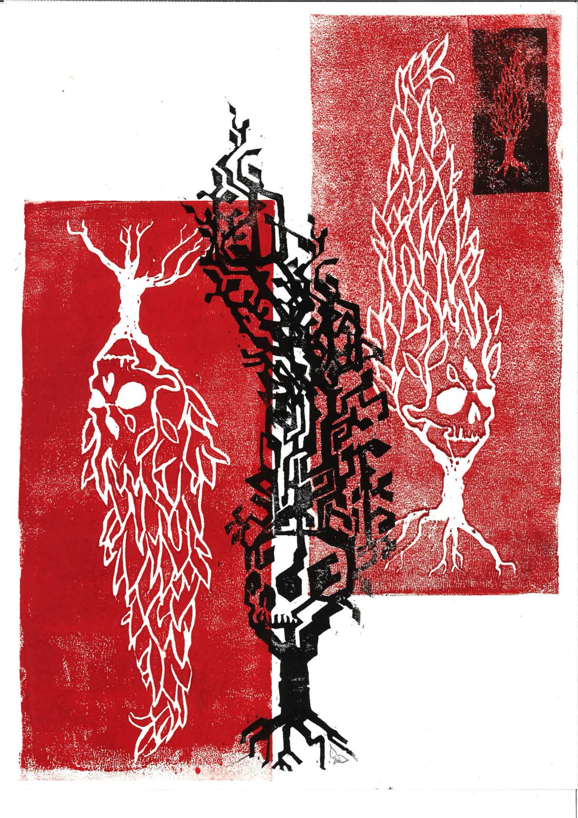 A white flame-skull cypress and a black circuit-skull cypress on red, a small black stamp boxed off at the top corner.