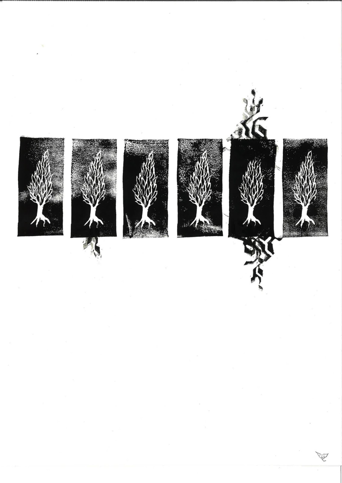 Six tree-stamp panels in a row, ink bridging the white gaps between them.