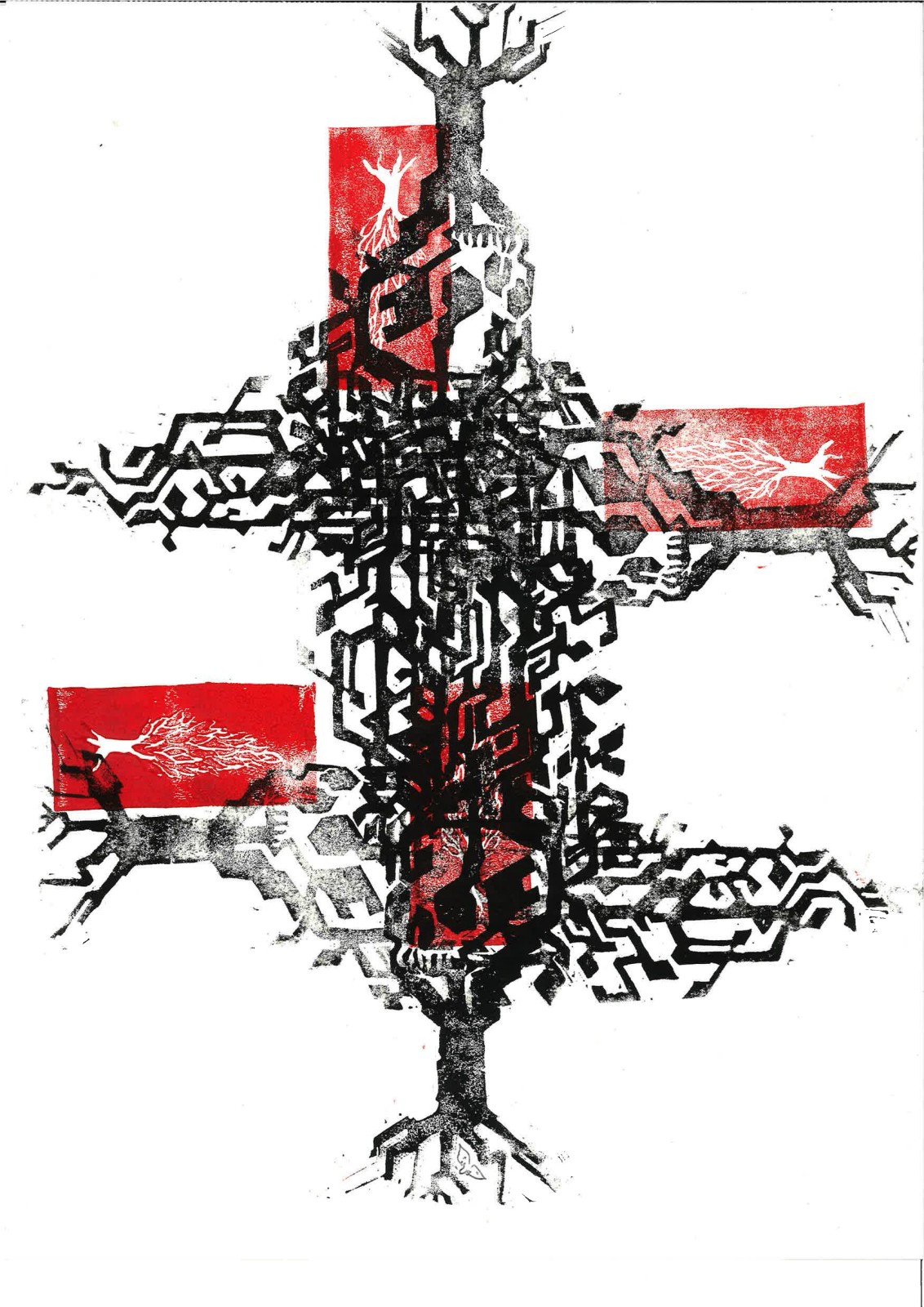 A black circuit cypress radiating into a cross of tree-stamp panels, three of them boxed in red.