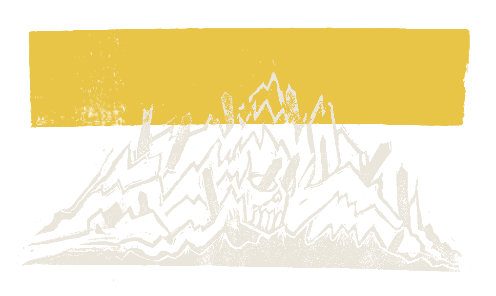 Death Culture: the mountain stamp printed in black under a gold band