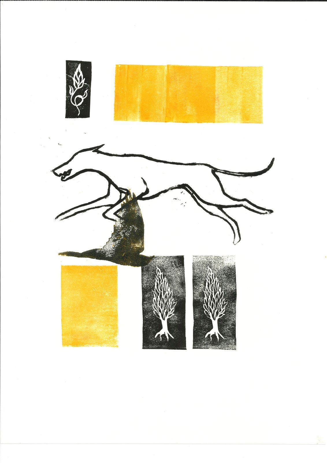 The recurring cast laid out as a proof sheet: cypress stamps, a gold field, a running dog.