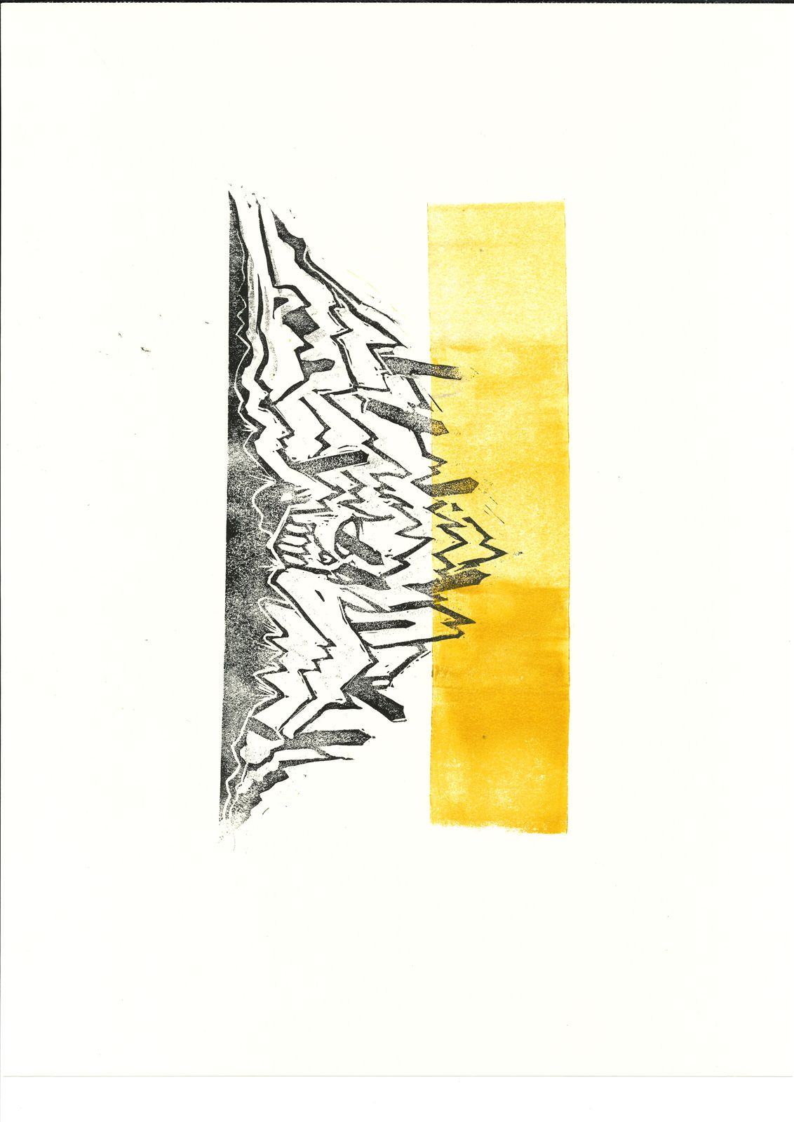 A mountain range cut in a single block, printed against a gold column.