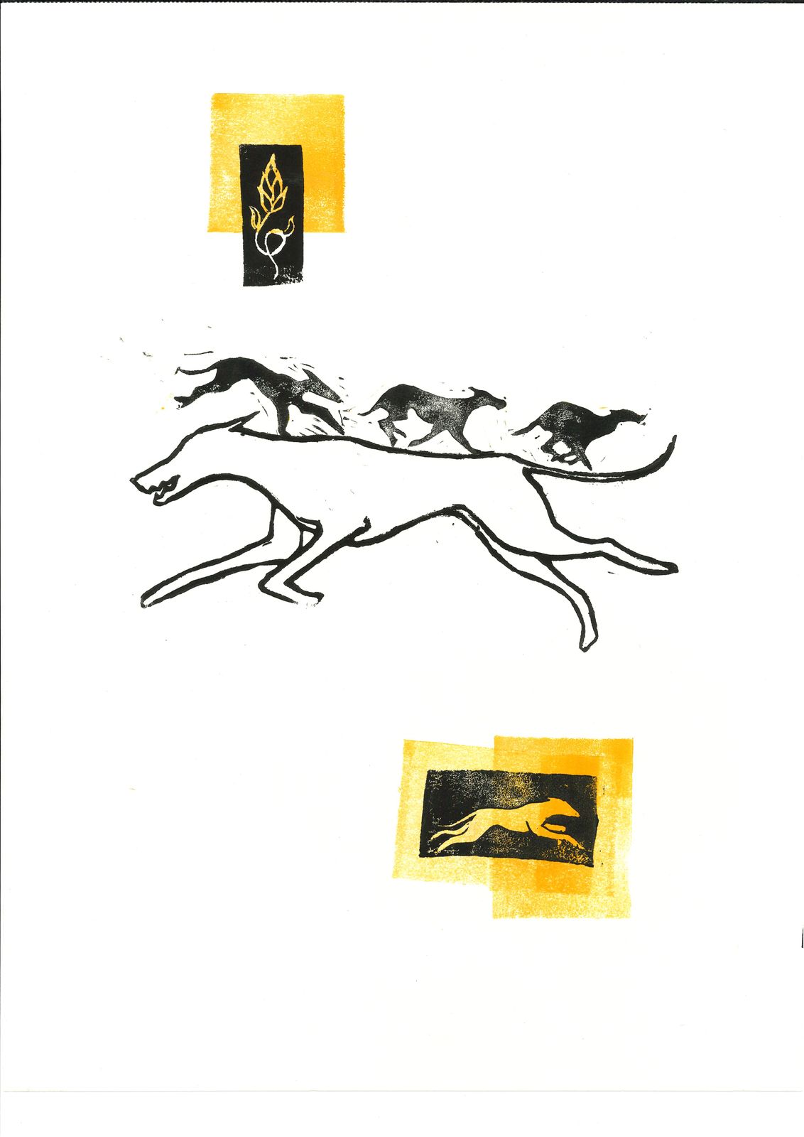 Four dogs in flight above a fifth drawn in outline; flame stamp and gold ground.