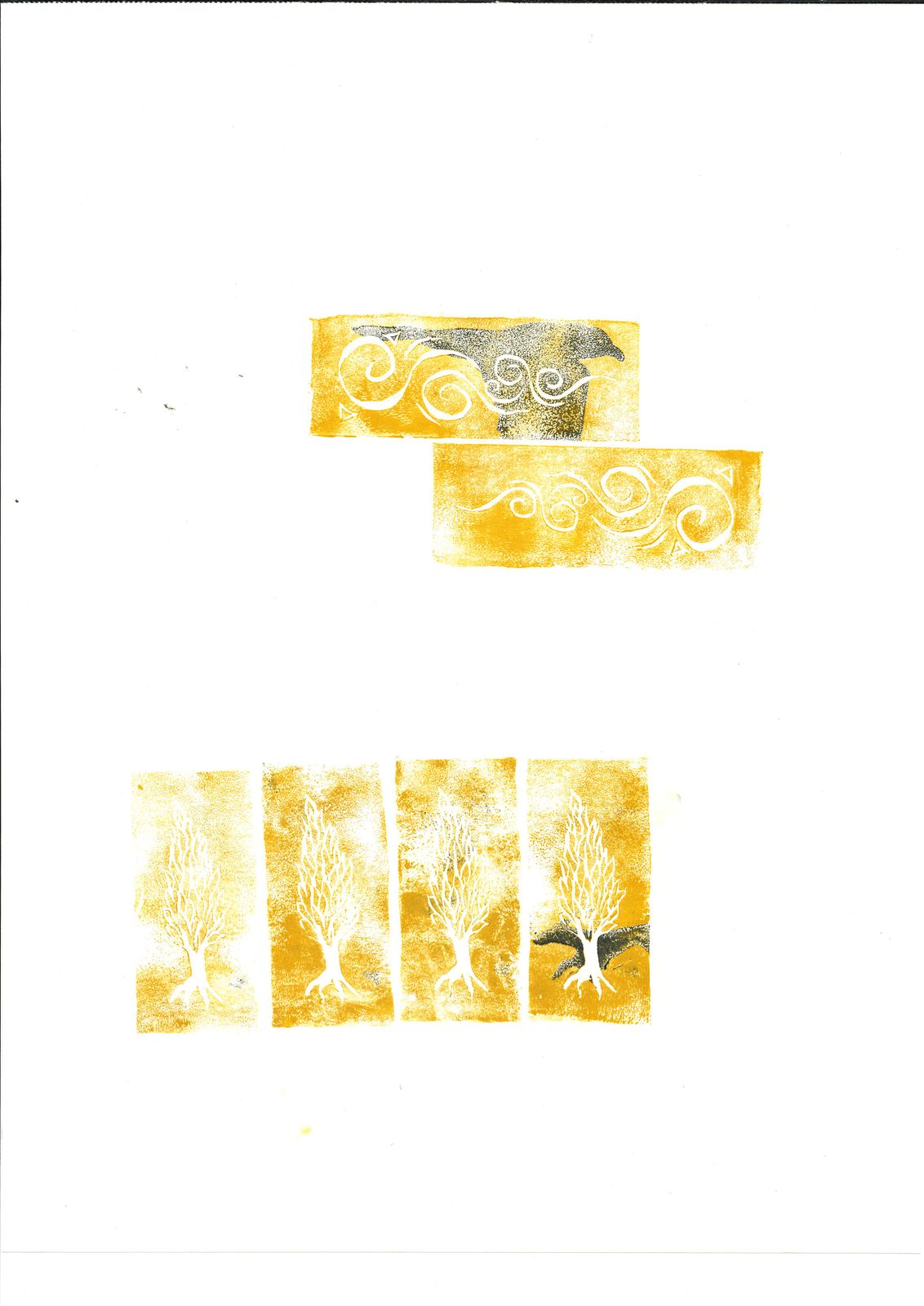 Overprinted cypress and mountain blocks, the ink built up until the forms crowd each other.