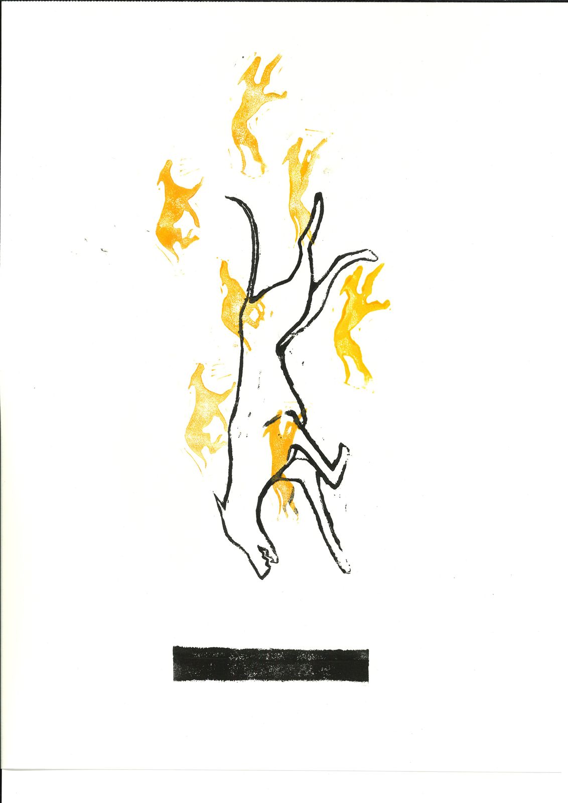 A body opened out, surrounded by gold animals rising like flame; a black bar closes the sheet.