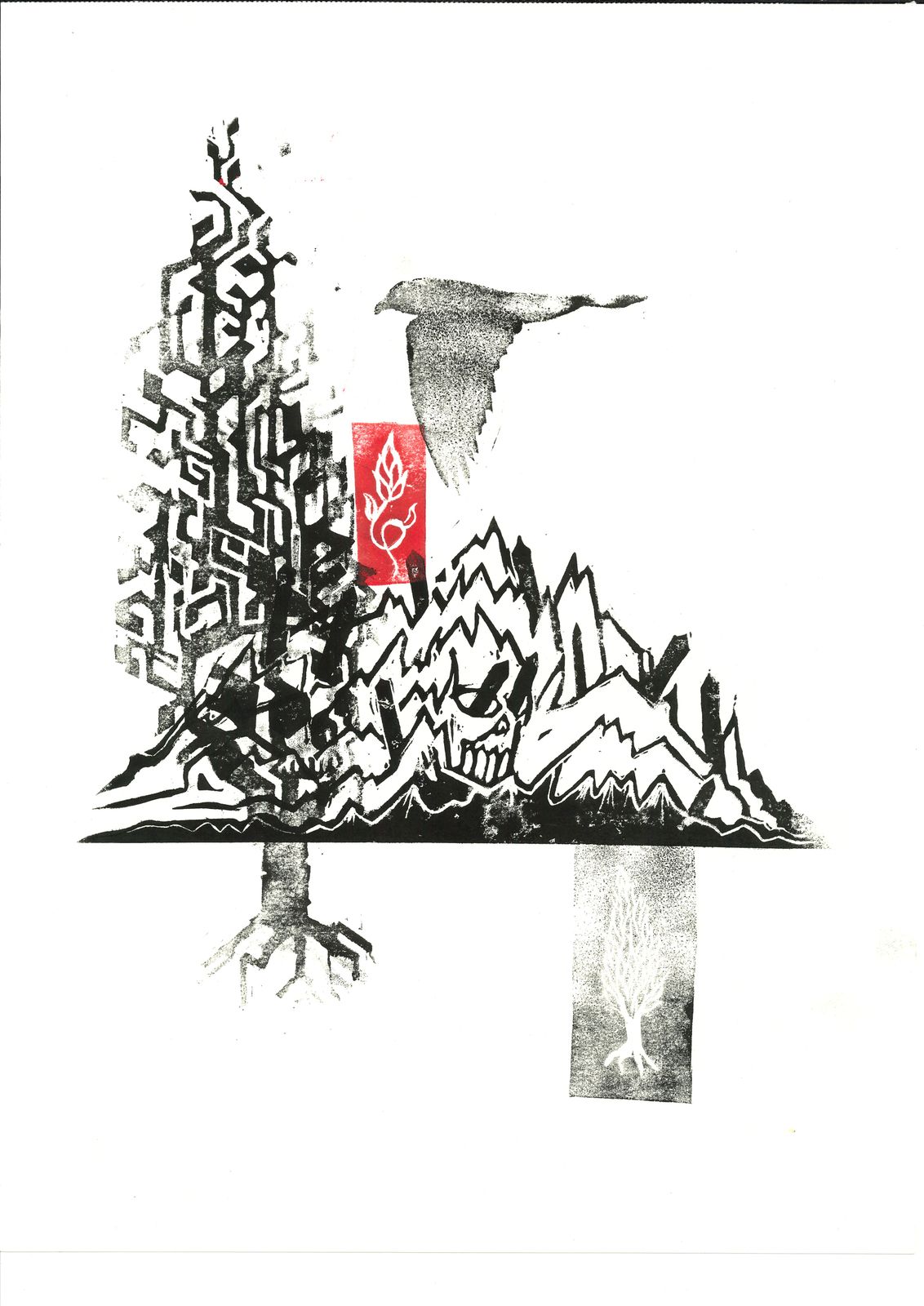 A cypress grown from circuitry, a bird overhead, mountains behind and a red flame stamp between them.