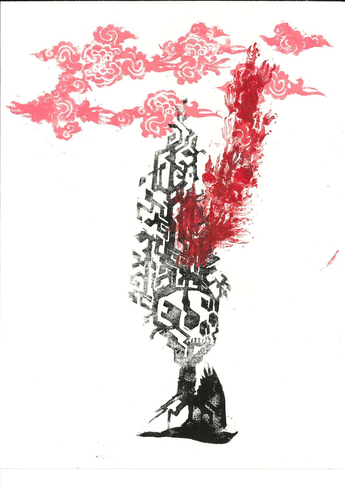 Red clouds banked under a black bird, the paper left open around them.