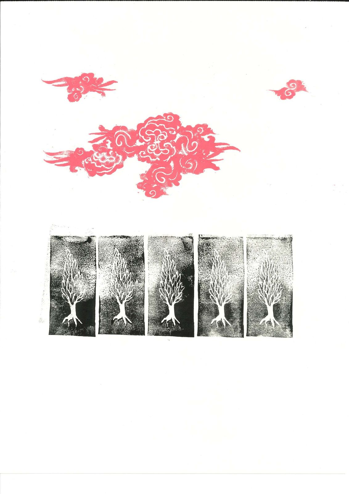 Blue hound and red cloud, printed over one another.