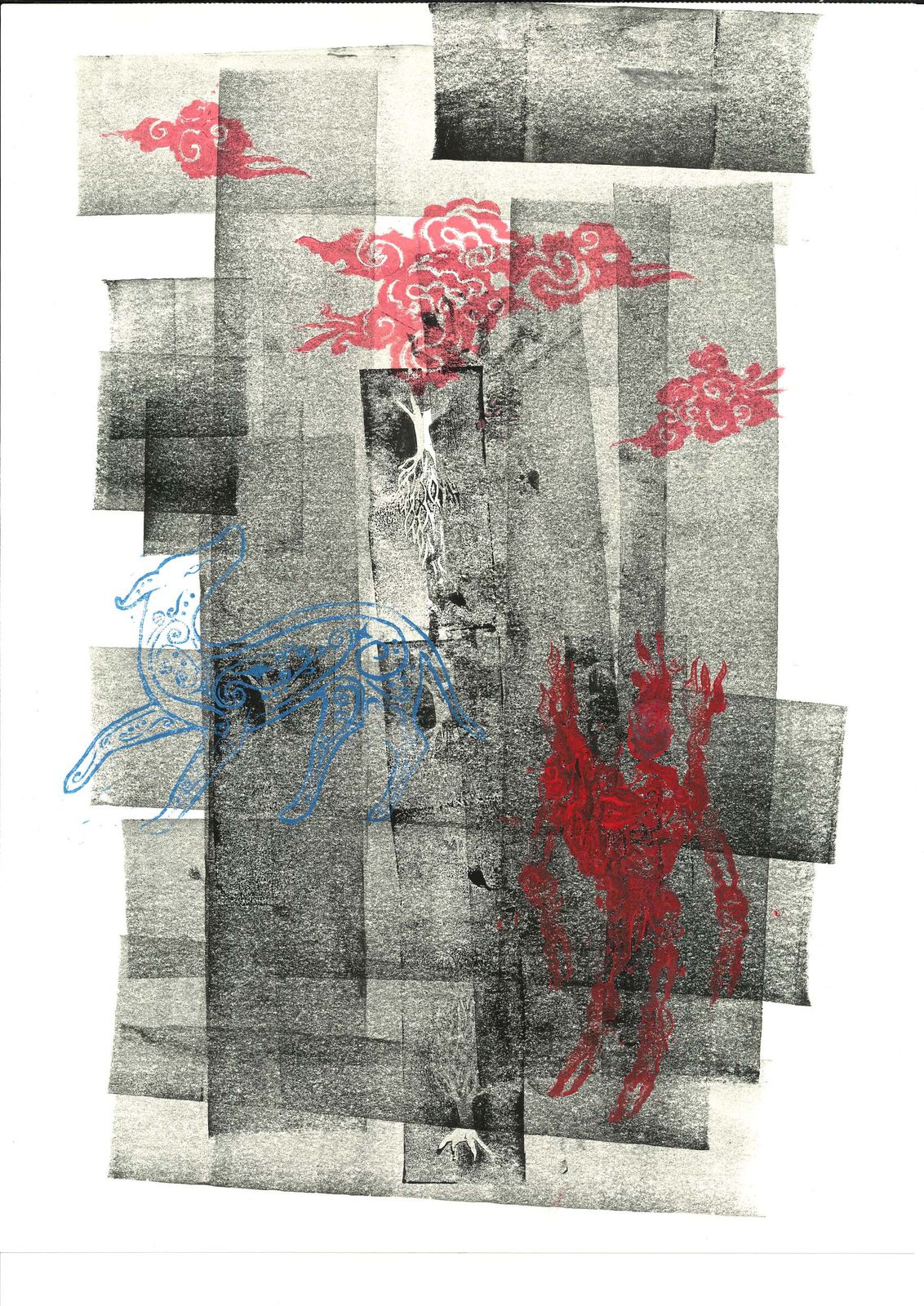 The full sheet worked over: trees, clouds, birds and mountains in red, blue and black.