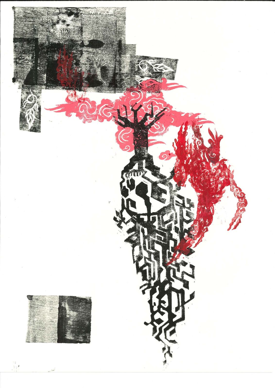 Mountains and cypress, printed dense and dark.