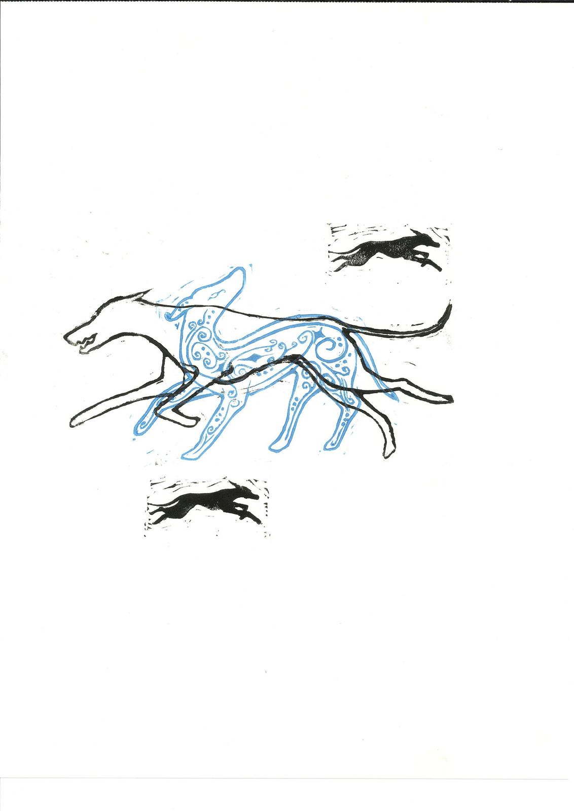 A single hound, printed clean in blue.