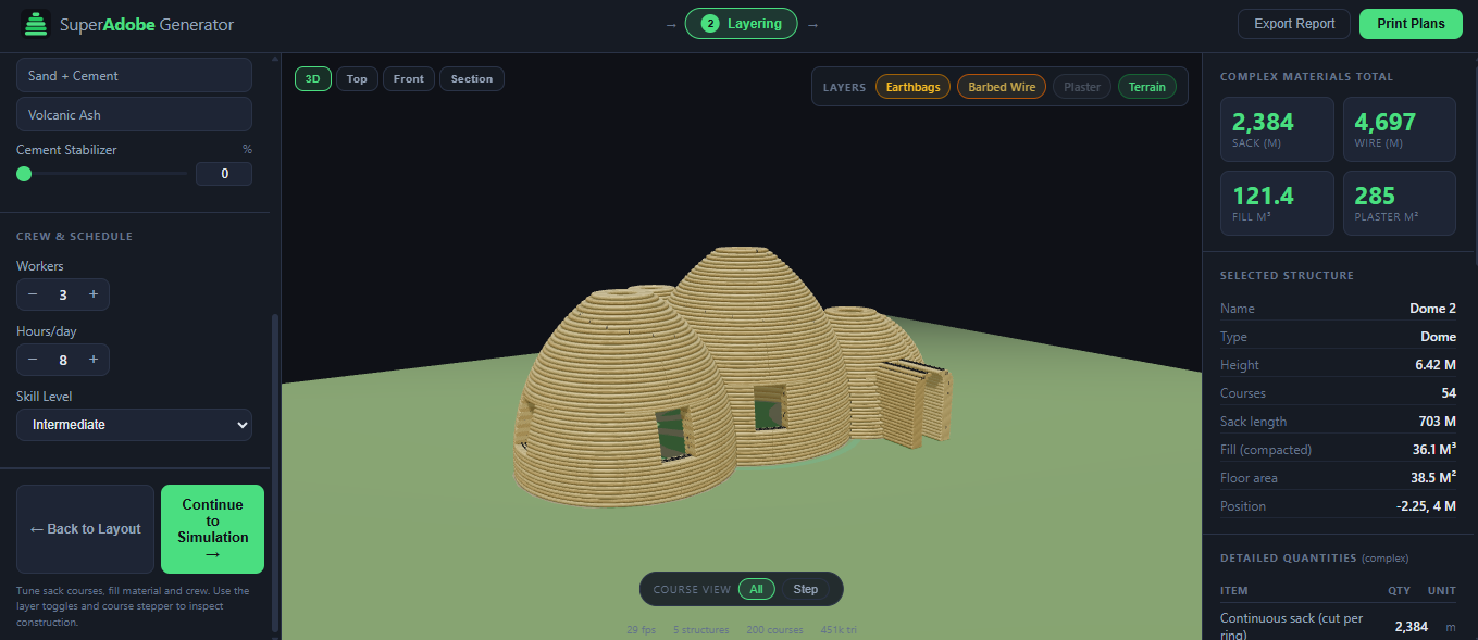The SuperAdobe Generator laying out a two-dome earthbag complex, with sack, wire, fill and plaster totals computed alongside it.